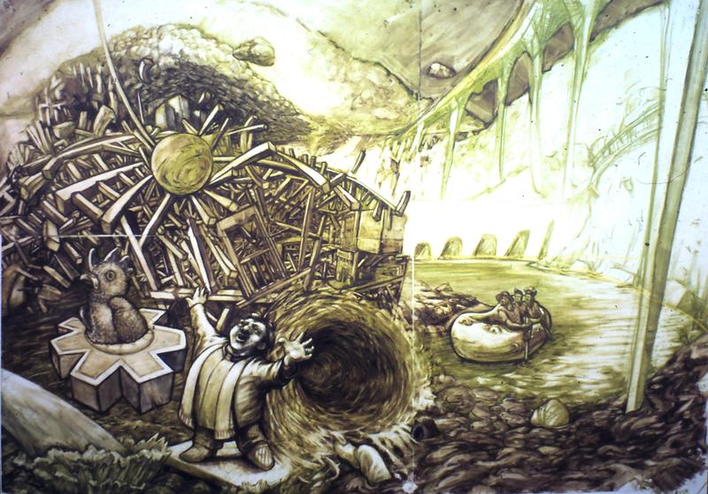 A Preacher looks up towards a chicken flying in a cog-like aircraft.  A wrecking ball smashes a building on an island behind, while a vortex sucks in a mudslide.  Three workmen row in an inflatable raft in an overflow pond of a dam.  A highway soars overhead in front of a storm clouded sky.