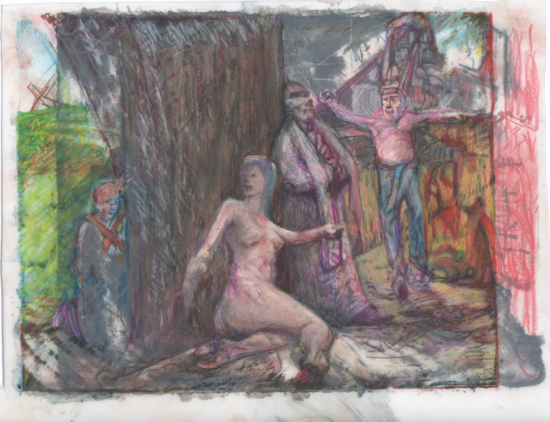 A startle female begins to flee from her place of rest at the base of tree, scared by a little boy behind the tree.  A priest leans against the tree looking up and a shirtless man walks in on it all wearing a tall crown and running shoes.