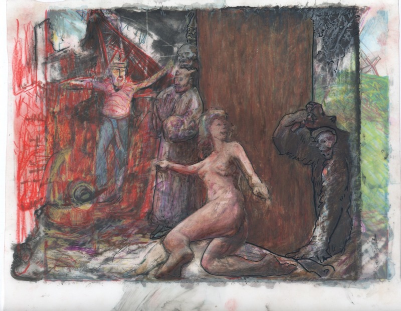 A startle female begins to flee from her place of rest at the base of tree, scared by a man in a bear suit lookig both towards and away from the female.  A praying priest leans against the tree gazing down, and a shirtless man rushes into the party from a red region.