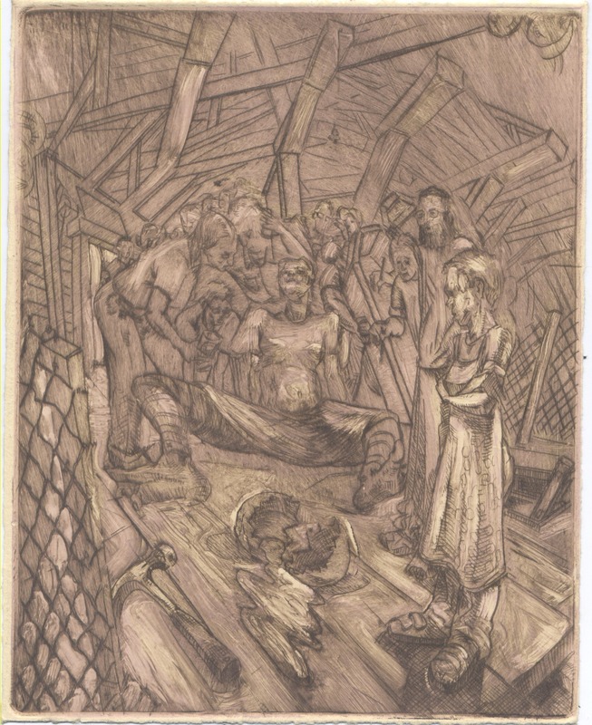 In an attic of a barn, an aproned woman and a couple look down on wooden planks where a hammer rests near a cracked egg.  Grouped behind, people gather around a lady with chicken feet.
