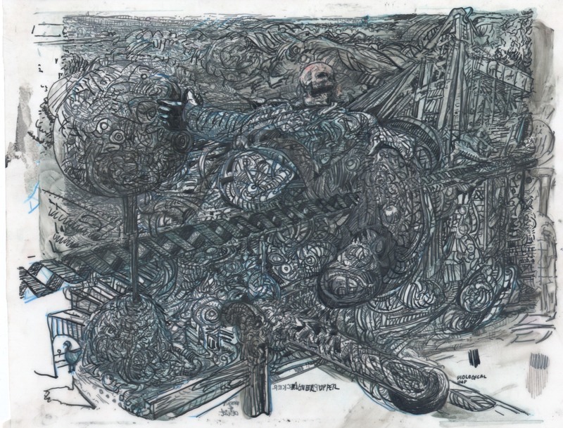 a skeletal robed man rides a dna strand wearing birkenstocks.  Main thrusts of easy diagonals intersect a soup of lines and forms