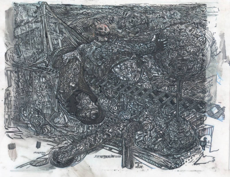 a skeletal robed man rides a dna strand wearing birkenstocks.  Main thrusts of easy diagonals intersect a soup of lines and forms.  The chicken is on this side.