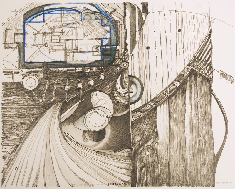 a property line bisects vertically, buffetting a drawinage wave and rodent eye against striated farmland and contributing firmament. The house design with various plans, projections, and presentational views belongs to the left rectangle.