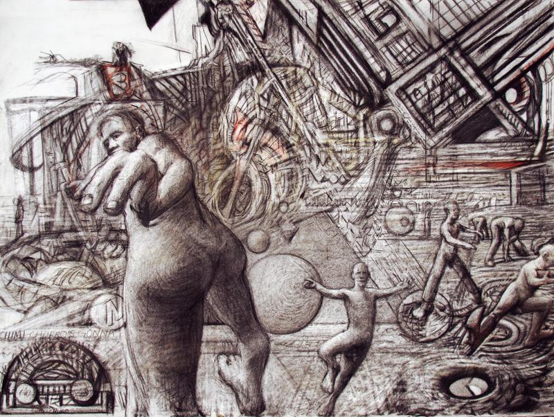 A short haired lady looks over her shoulder at the view as workers and shysters toil in the background.  Cliffs and gunners swirl in the background and foreground.