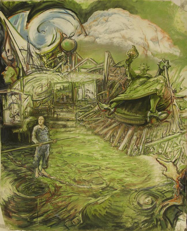 A tight-rope walker stands above a whirlpool as his other self looks toward a person peering from the other side of a mirror.  Lady Liberty reveals her ruby red slippers as she topples amid destruction.