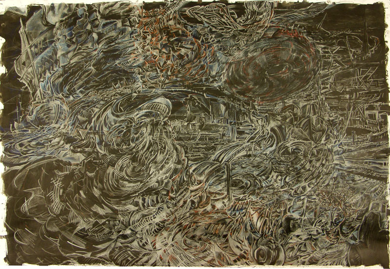 a male and female chat in the foreground as a live saving donut swirls above them with a city upstream