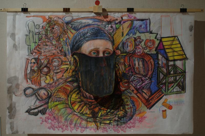 This portrait of me was started by Jessi Wohl.  A bandana around my hair and an affixed veil cover most of the head.  The background has an X composition and the neck is chopped a bit - that's about how I felt.  William Beckman's piece floats to the right.  This piece has another piece on the reverse side without a veil