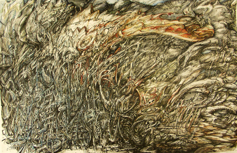 An arching neck of a form grows from the bottom left and hangs toward the top right in front of a background of cooler colored marks.