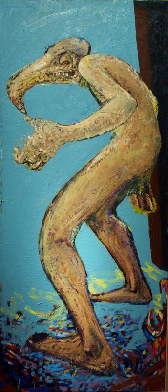 A beaked standing figure curling his gaze back to the view