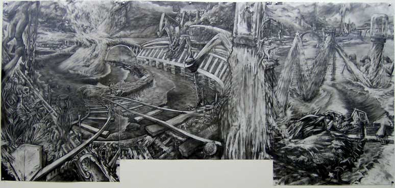 A turtle crosses railroad tracks that lead to an exploding body of water.  A rubbery line stretches around and jars lift off to the atmosphere.