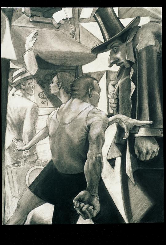 A hawkish man in a top hat offers a watch from the inside of his jacket.  A man seen from behind merges visually with a woman walking the opposite direction and a salesman hails a taxi in front of a street with a rose shop.