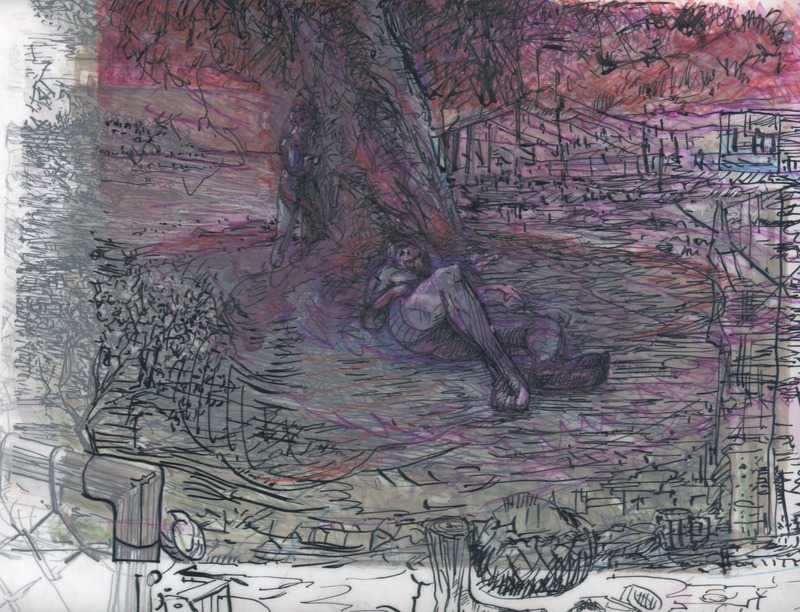 Centrally composed with black lines and ominous red in the sky, a female reclines against a tree that a man peers from behind.