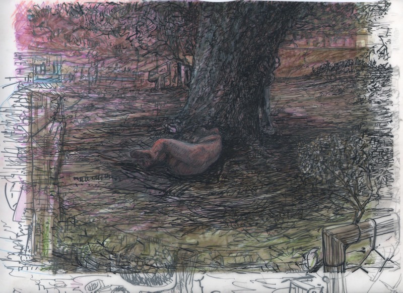 A gate in the bottom right hand corner leads the view of a curled female near a tree, and a male peers from behind.  Set in an open field landscape with a Hardee's sign in the distance.