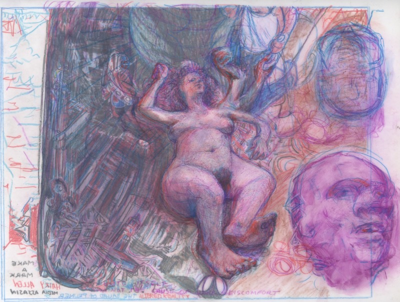 Seen from above, a female lays near the base of a tree while a kneeling man in a white sleeveles shirt presents a bundle to her.  A purple floating head is in the bottom right corner and a blue skull above that.  The left side is framed with embryonic marks and words "Make a Mark" and "Hairy Allen Media Assassin".