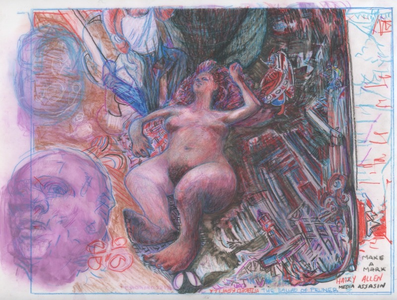 A female lays in the center with a man presenting a bundle and a boner.  She is inbetween wake and sleep and her head is at the top of the frame near the base of a tree.  Floating heads and words fill the left and right sides respectively.