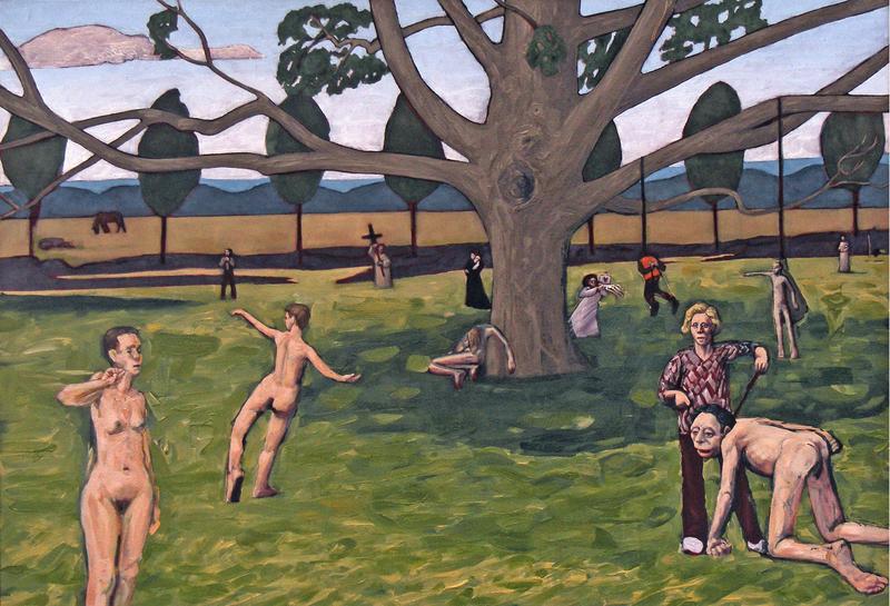 Referencing the Child Ballad 'Jellon Grame' figures revolve around a tree in the silver wood where Jellon Grame killed his pregnant mistress.  Nine maids raised the child and they are all shown in this convergence of time.  The son killed Jellon Grame in this place, I chose to show him hung to death.