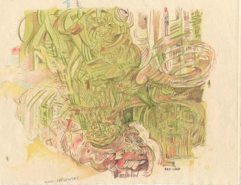 A bent toothed kid screams at the bottom while a smiling cowled face hovers nearby.  A small door and silhouette are at the ground floor of a greenish whirling maze interior.