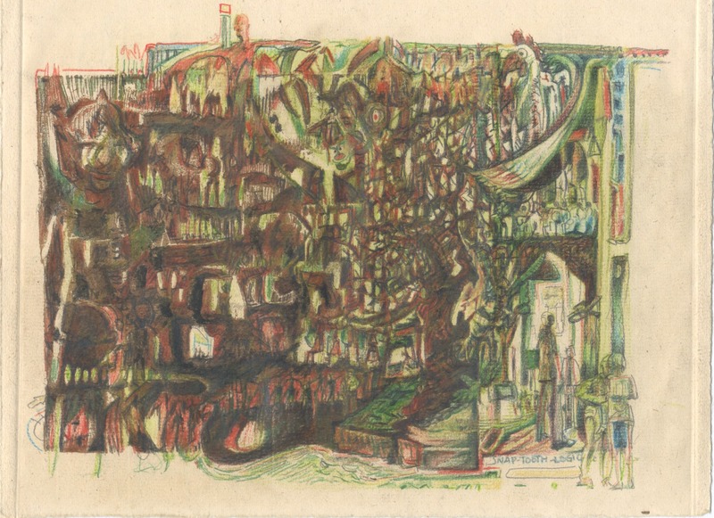 Scenes are merged together.  One, a tall man looks from within through a doorway to the light.  Another shows a man in a diaper appealing to a female.  And another is an outdoor scene with a tree and a village in a hillside.