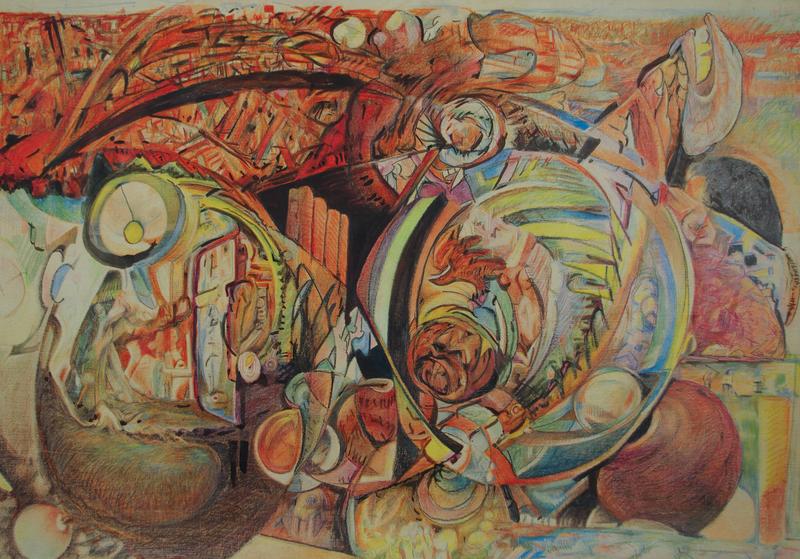 Balls and spyholes form an x compositionally with a red sky behind an anthropromorphic landscape