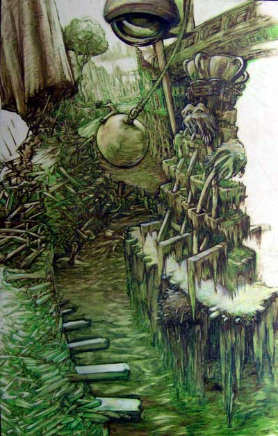 A man rides a wrecking ball through a decaying, overgrown city.  An elevated train spins teacups and a security globe hangs above.