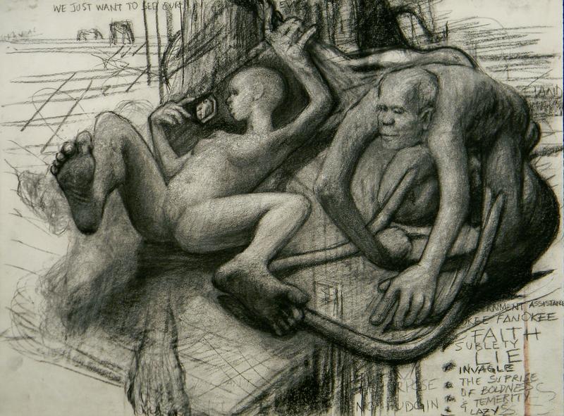 A man crawls dangerously on the ground next to a bald woman who stares at herself in a pocket televisor